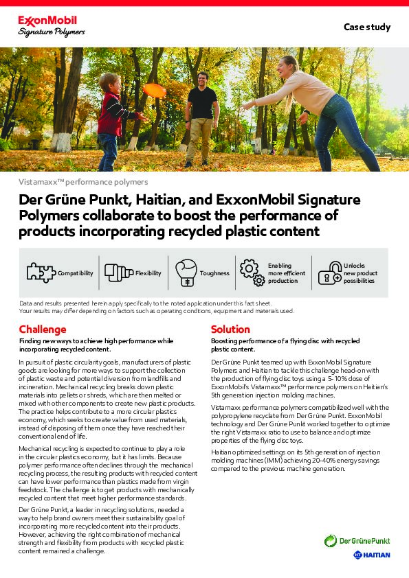 A case study about how Vistamaxx™ performance polymers help achieve the performance of flying disc toys incorporating recycled plastic content.