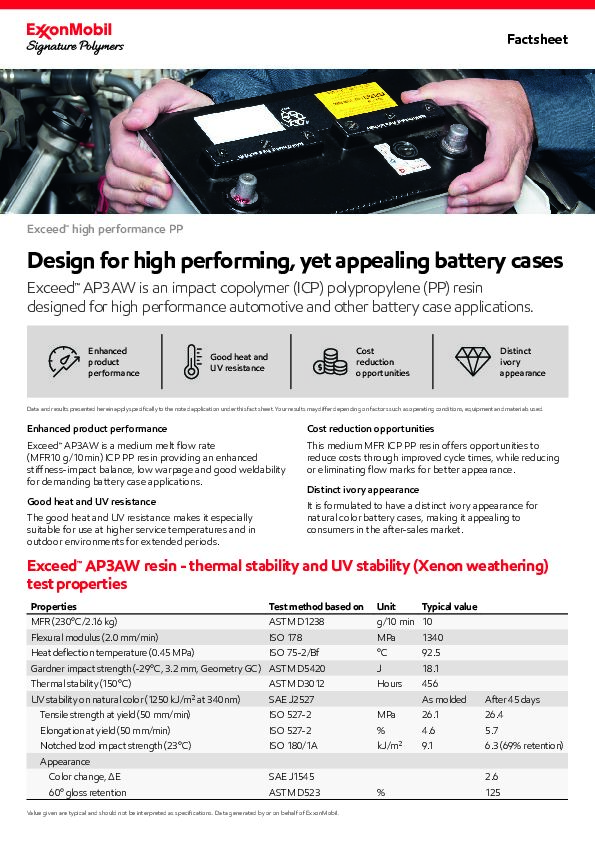 ExxonMobil™ AP3AW is an impact copolymer (ICP) polypropylene (PP) resin designed for high performance automotive and other battery case applications.