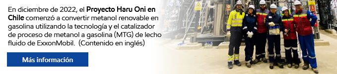 En diciembre de 2022, el Proyecto Haru Oni en Chile comenzó a convertir metanol renovable en gasolina utilizando la tecnología de proceso y catalizador de metanol a gasolina de lecho fluido de ExxonMobil.