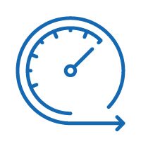 Icon of speedometer with a line going out horizontally describing fast bagging line speeds for high output, outstanding process-ability.