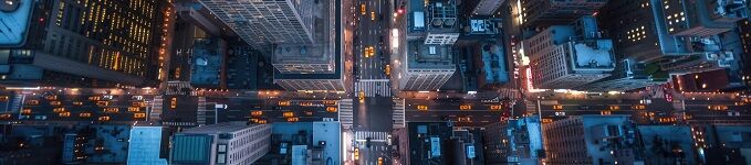 blue downtown city scape looking down perspective