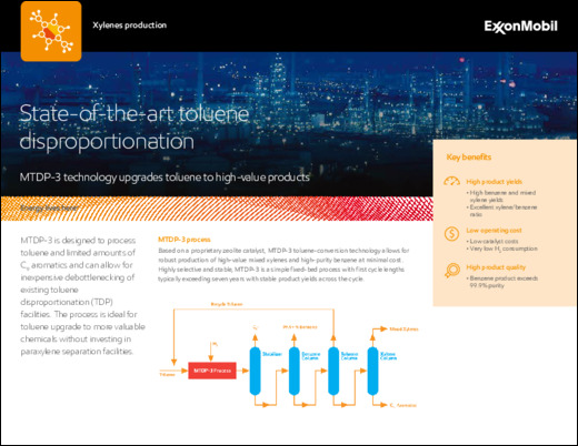 MTDP-3 is designed to process toluene and limited amounts of C9 aromatics and can allow for inexpensive debottlenecking of existing toluene disproportionation (TDP) facilities. 