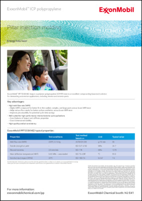 ExxonMobil™ PP7555KNE2 impact copolymer polypropylene (ICP PP) resin is an excellent compounding basestock solution for demanding automotive applications, including interior and exterior parts.