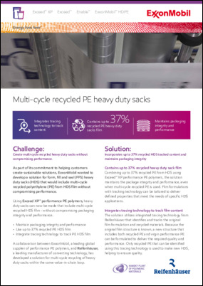 Learn about ExxonMobil's commitment to helping customers create sustainable solutions by developing a solution for form, fill and seal (FFS) heavy duty sacks (HDS) that would include multi-cycle recycled polyethylene (PE) from HDS film without compromising performance.