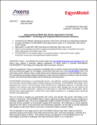 ExxonMobil Catalysts and Licensing LLC and Axens have signed a licensing alliance agreement to allow Axens to provide ExxonMobil’s FLEXICOKING™ technology and integrated resid conversion solutions. 