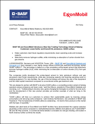 BASF SE and ExxonMobil Introduce a New Gas Treating Technology Aimed at Helping Customers Lower Sulfur and Overall CO2 emissions: OASE sulfexx