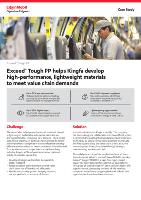 Exceed™ Tough PP enables lightweight, high-performance interior and exterior vehicle components that are durable, strong and safe.