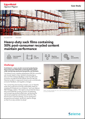 The Selene Group, a leading polyethylene (PE) film converter and recycler based in Italy, wanted to develop heavy duty sack films (Selene NextBag™) containing 50% post-consumer recycled (PCR) PE (Selene Premium Recycle Polymer) content in response to brand owner commitments, consumer feedback and regulatory changes. See how they did it in this case study.