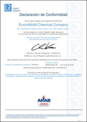 RCMS 2018 - Especificación técnica del Sistema de Gestión de Responsible Care® RC101.04 2013 ha sido auditado por Lloyd's Register Quality Assurance y se ha comprobado que está en conformidad.