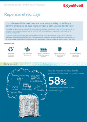 Los polímeros Vistamaxx™ son una solución probada y rentable que permite el reciclaje de bajo costo, dirigido a aplicaciones de alto valor.