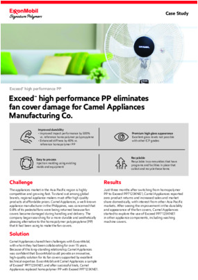 Camel Appliances, was concerned that 0.8% of its pedestal fans were being returned because fan covers became damaged during handling and delivery. The company began searching for a more durable and aesthetically pleasing alternative to the homopolymer polypropylene (PP) that it had been using to make the fan covers.