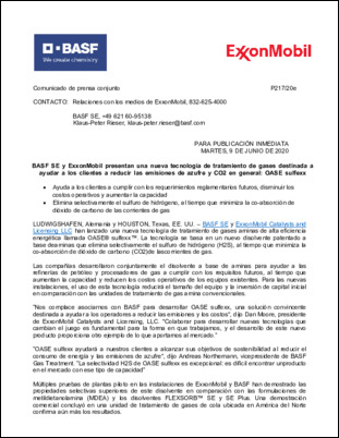 BASF SE y ExxonMobil presentan una nueva tecnología de tratamiento de gases destinada a ayudar a los clientes a reducir las emisiones de azufre y CO2 en general: OASE sulfexx.