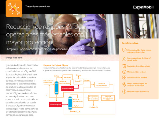 Conozca cómo el catalizador de alto rendimiento y gran estabilidad de ExxonMobil permite el proceso Olgone℠, ampliando los ciclos de los tratadores de corrientes aromáticas existentes y reduciendo la cantidad de residuos sólidos que se generan.