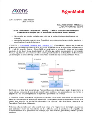 Axens y ExxonMobil Catalysts and Licensing LLC firman un acuerdo de alianza para proporcionar tecnologías para la producción de alquilados de alto octanaje