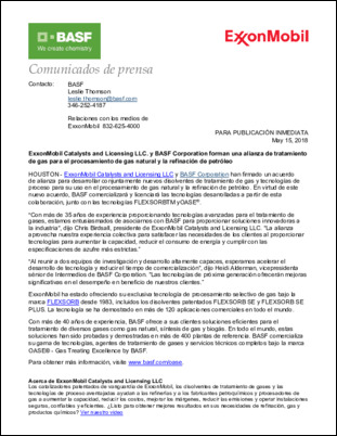 ExxonMobil Catalysts and Licensing LLC. y BASF Corporation forman una alianza de tratamiento de gas para el procesamiento de gas natural y la refinación de petróleo