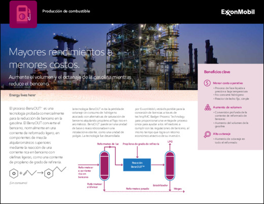 Conozca la tecnología desarrollada por ExxonMobil y probada comercialmente para la reducción del benceno en la gasolina, BenzOUT™, cuya licencia está disponible a través de Badger Licensing LLC.