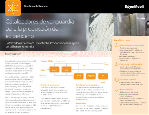 Con su alta actividad y selectividad a EB, los catalizadores de ExxonMobil permiten un proceso de fase líquida simple que reduce drásticamente las temperaturas de funcionamiento y, por lo tanto, el tamaño de los equipos y el consumo de energía, al mismo tiempo que mejora la calidad del producto etilbencina.