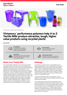 One of the main barriers to using recycled material is the need for costly and time consuming separation of incompatible plastics.  A to Z Textile Mills overcome the problem by using Vistamaxx™ performance polymers.