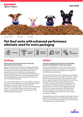 Learn how Plasticel and ExxonMobil combined their expertise to develop a new solution for PE//PE pet food sack films, including Exceed™ XP, Exceed™ and Enable™ performance polymers. The collaboration has resulted in high-quality pet food sacks delivered to stores without unattractive wrinkles