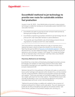 ExxonMobil is leveraging its methanol to jet technology to develop a solution that converts methanol to SAF. Read the press release to learn more.