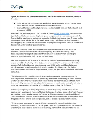 Cyclyx International, ExxonMobil and LyondellBasell today announced they have signed an agreement to advance development of a first-of-its-kind plastic waste sorting and processing facility in the Houston area.