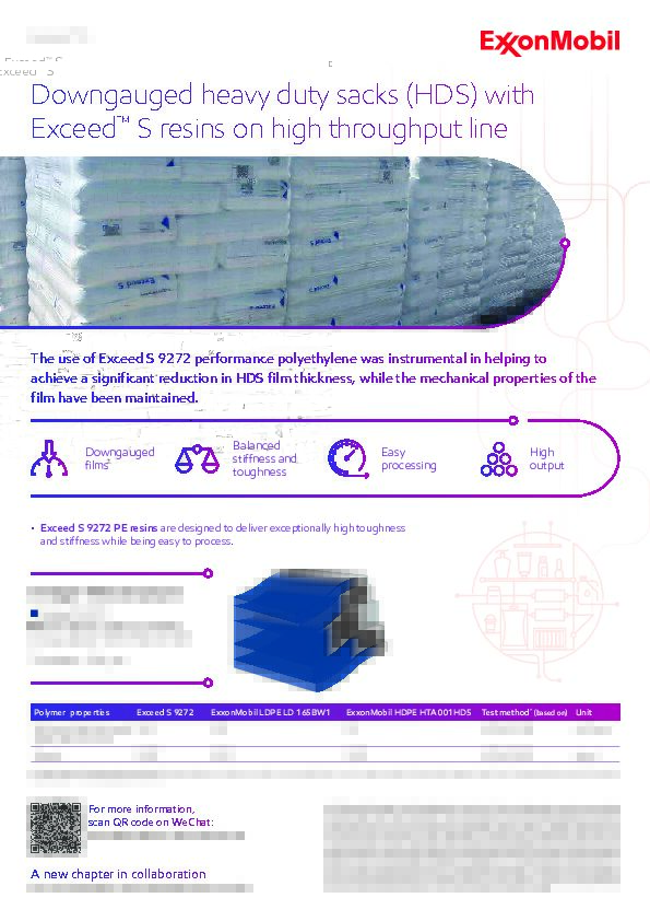 The use of Exceed S 9272 performance polyethylene was instrumental in helping to achieve a significant reduction in HDS film thickness, while the mechanical properties of the film have been maintained.