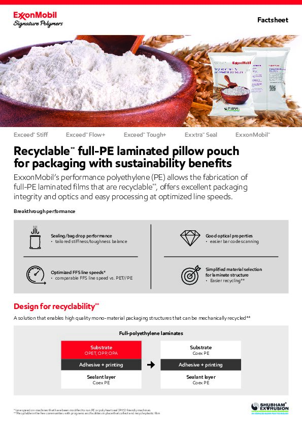 A solution that enables high quality mono-material packaging structures that can be mechanically recycled*. (*Recyclable in the few communities with programs and facilities in place that collect and recycle plastic film)