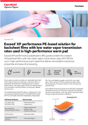 Exceed XP performance polyethylene (PE) grades enable the creation of backsheet films with low water vapor transmission rates (WVTR) for use in high-performance warm pads that deliver remarkable mechanical properties and ease of processing.