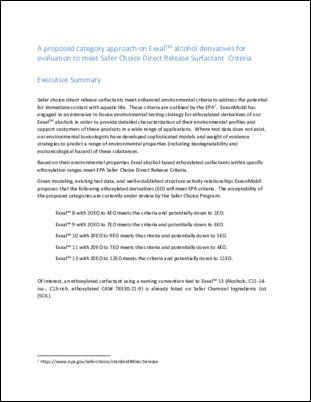 A proposed category approach on Exxal alcohol derivatives for evaluation to meet Safer Choice Direct Release Surfactant Criteria