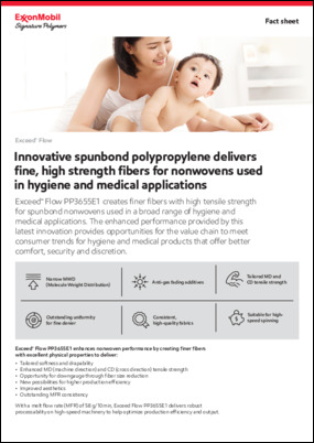 The innovative Exceed™ Flow PP3655E1 can create finer fibers with high tensile strength for spunbond nonwovens used in a broad range of hygiene and medical applications. Read the fact sheet to learn more.