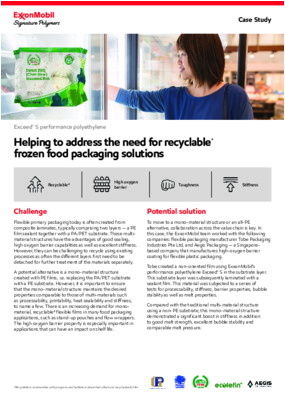 This case study documents how ExxonMobil, Tobe Packaging Industries Pte Ltd, and Aegis Packaging collaborated to help create an all-PE laminated film that is suitable for frozen food applications.