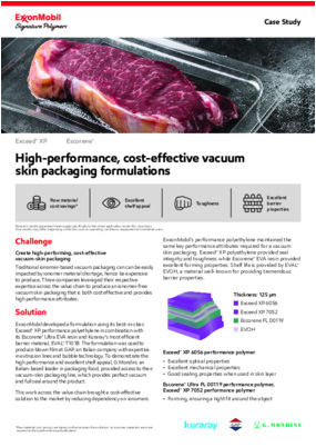 High-performance, cost-effective vacuum skin packaging formulations.  A collaboration between ExxonMobil, Kuraray, Gap and Mondini.