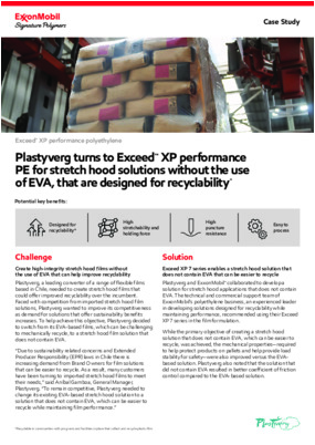 Plastyverg turns to Exceed™ XP performance PE for stretch hood solutions without the use of EVA, that are designed for recyclability*. (*Recyclable in communities with programs and facilities in place to collect and recycle plastic film)