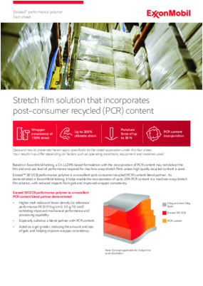 Exceed™ 3812CB performance polymer is an excellent post-consumer recycled (PCR) content blend partner.  As demonstrated in ExxonMobil testing, it helps enable the incorporation of up to 20% PCR content in a machine-wrap stretch film solution, with reduced impacts from gels and improved wrapper consistency.