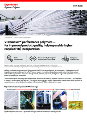 Raffia is the fastest growing sector of the polypropylene (PP) market, and woven sacks represent a significant portion of its global consumption. Acting as a modifier, Vistamaxx™ performance polymer adds value to PP raffia tape from better processability, similar tenacity & elongation with increased PIR content and compound cost reduction benefit.