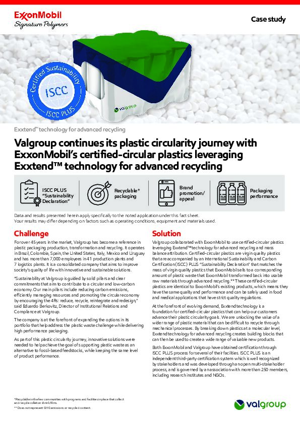 Valgroup continues its plastic circularity journey with certified-circular polymers from ExxonMobil leveraging Exxtend™ technology for advanced recycling