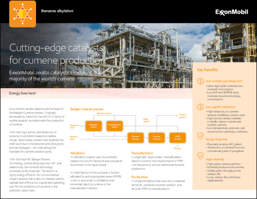 ExxonMobil’s zeolite catalysts are the heart of the Badger Cumene process. Originally developed by Mobil Oil, the MCM-22 family of zeolite catalysts revolutionized the production of cumene.