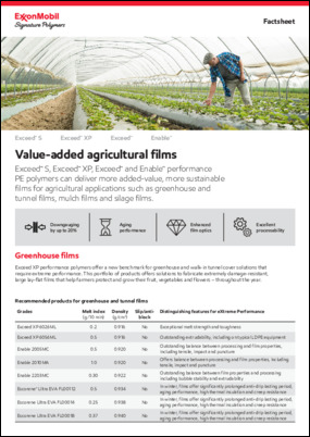 Exceed™ XP, Exceed™ and Enable™ performance PE polymers can deliver more added-value, more sustainable films for agricultural applications such as greenhouse and tunnel films, mulch films and silage films.