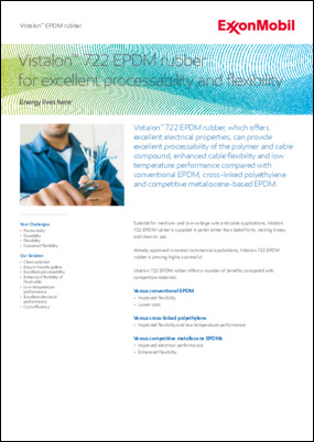 Vistalon 722 EPDM rubber, which offers excellent electrical properties, can provide excellent processability of the polymer and cable compound, enhanced cable flexibility and low temperature performance compared with conventional EPDM, cross-linked polyethylene and competitive metallocenebased EPDM.