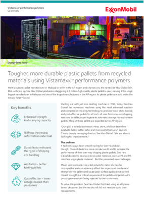 How See Hau Global incorporates recycled material in its plastic pallet production while maintaining the performance requirements of their pallets using Vistamaxx performance polymers.