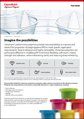 Vistamaxx™ performance polymers provide new possibilities to improve and extend the properties of polypropylene (PP) to meet specific application requirements.