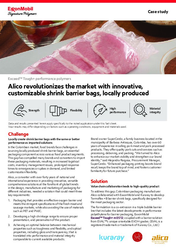 In the Colombian market, food brands face challenges in sourcing locally produced shrink barrier bags, an essential packaging component across various food product segments. To address this gap, Colombian packaging manufacturer Alico collaborated with ExxonMobil Signature Polymers and Kuraray to develop Termoflex +B barrier shrink bags, specifically designed for the meat packaging sector.