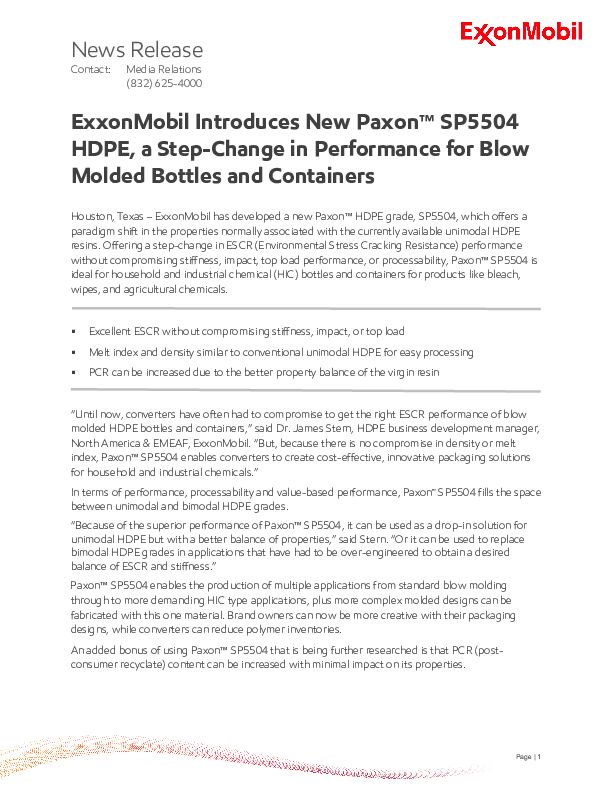 Paxon™ SP5504 offers excellent ESCR (Environmental Stress Cracking Resistance) without compromising stiffness, impact, or top load. It has a melt index and density similar to conventional unimodal HDPE for easy processing. An added bonus is that PCR (post-consumer recyclate) can be increased due to the better property balance of the virgin resin.