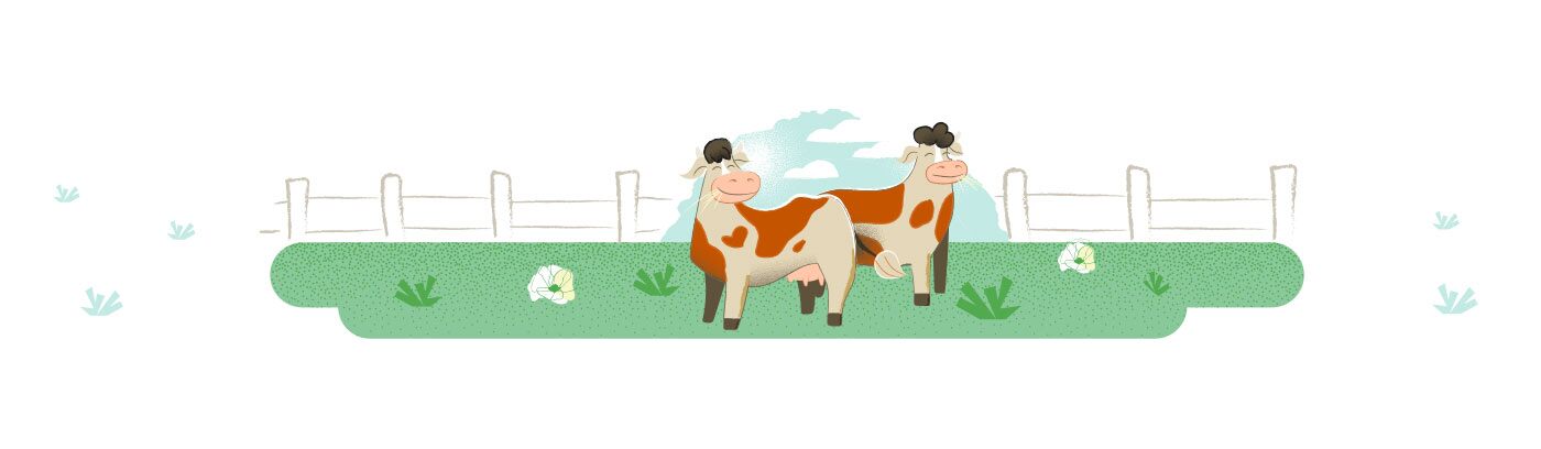 Two cartoon cows in large field