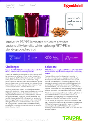 Trupal and ExxonMobil combined their expertise in film converting/packaging and polymer technology to develop a new PE//PE laminated structure for the SUP. Working collaboratively, a laminated structure of two PE plies was developed, resulting in an all-PE fully recyclable pouch.