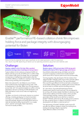 ExxonMobil collaborated with Bisleri to develop a collation shrink film solution with partially reduced LDPE and optimized HDPE dosing for high package performance that offers excellent protection during product handling and transportation of packaged drinking waters.