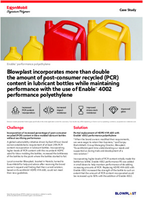 Local converter Blowplast, located in Nairobi, turned to ExxonMobil for help and advice after receiving the brand owner’s request and finding that their current solution, based on ExxonMobil™ HDPE HYA 600, could not meet their new guidelines. Discover how ExxonMobil spent time understanding the needs and worked with Blowplast on the development of a new solution using Enable™ 4002 performance polyethylene.