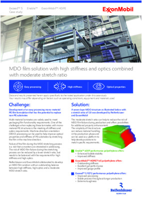 Reifenhäuser and ExxonMobil collaborated to develop an MDO film solution with an outstanding balance between high stiffness, high optics and a moderate MDO stretch ratio.