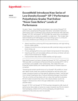 ExxonMobil has developed a new series of Exceed™ XP performance polyethylene (PE) grades that deliver remarkable mechanical performance with a combination of low density and fractional melt index (MI).  