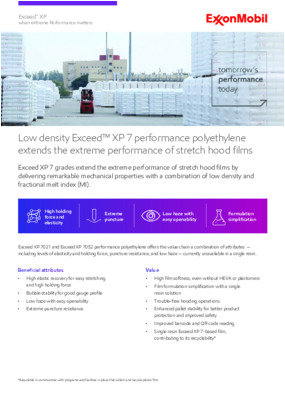 Exceed XP 7 grades extend the extreme performance of stretch hood films by delivering remarkable mechanical properties with a combination of low density and fractional melt index.  